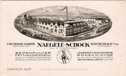 nagel1.jpg - Visitenkarte der Firma Nägele-Schock, Chemische Fabrik, Gegründet 1875, Reichenbach A/Fils, Württemberg.
