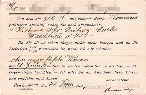 nagel4h.jpg - Postkarte der "Vereinigte Chemische Fabriken Naegele-Schock, Inh.: Julius Blank" von 1907 an einen Kunden (Rückseite).