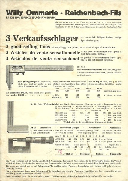ommer2.jpg - Flyer "3 Verkaufsschlager" der Firma Willy Ommerle, Messwerkzeug-Fabrik, Reichenbach-Fils.